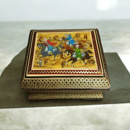 Bronz Kakmalı İran Minyatür Desenleriyle Süslenmiş El Yapımı Ahşap Kutu