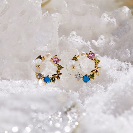 14 Ayar Çiçek Kelebek Figürlü Altın Küpe Yeşil