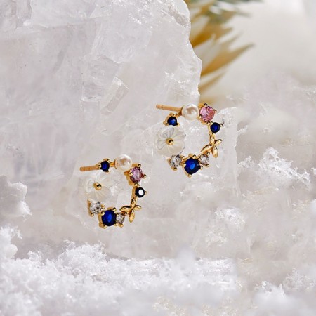 14 Ayar Çiçek Kelebek Figürlü Altın Küpe Lacivert