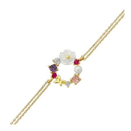 14 Ayar Mor Taşlı Çiçek Tasarım Altın Bileklik