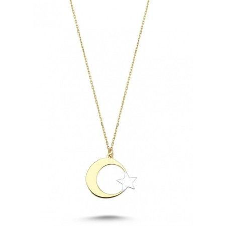 14 Ayar Çift Renk Ay Yıldız Altın Kolye